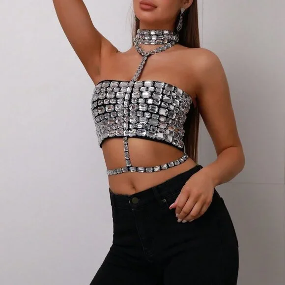 Black Party Women's Rhinestone Halter Neck Sexy & Versatile Camisole Top - Picture 7 of 9